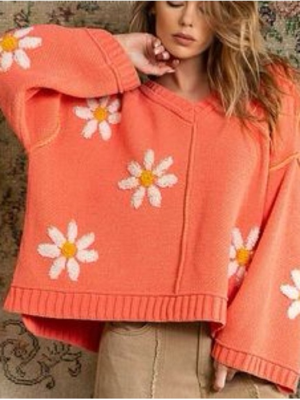 POL Coral Daisy V-Neck Women’s Sweater